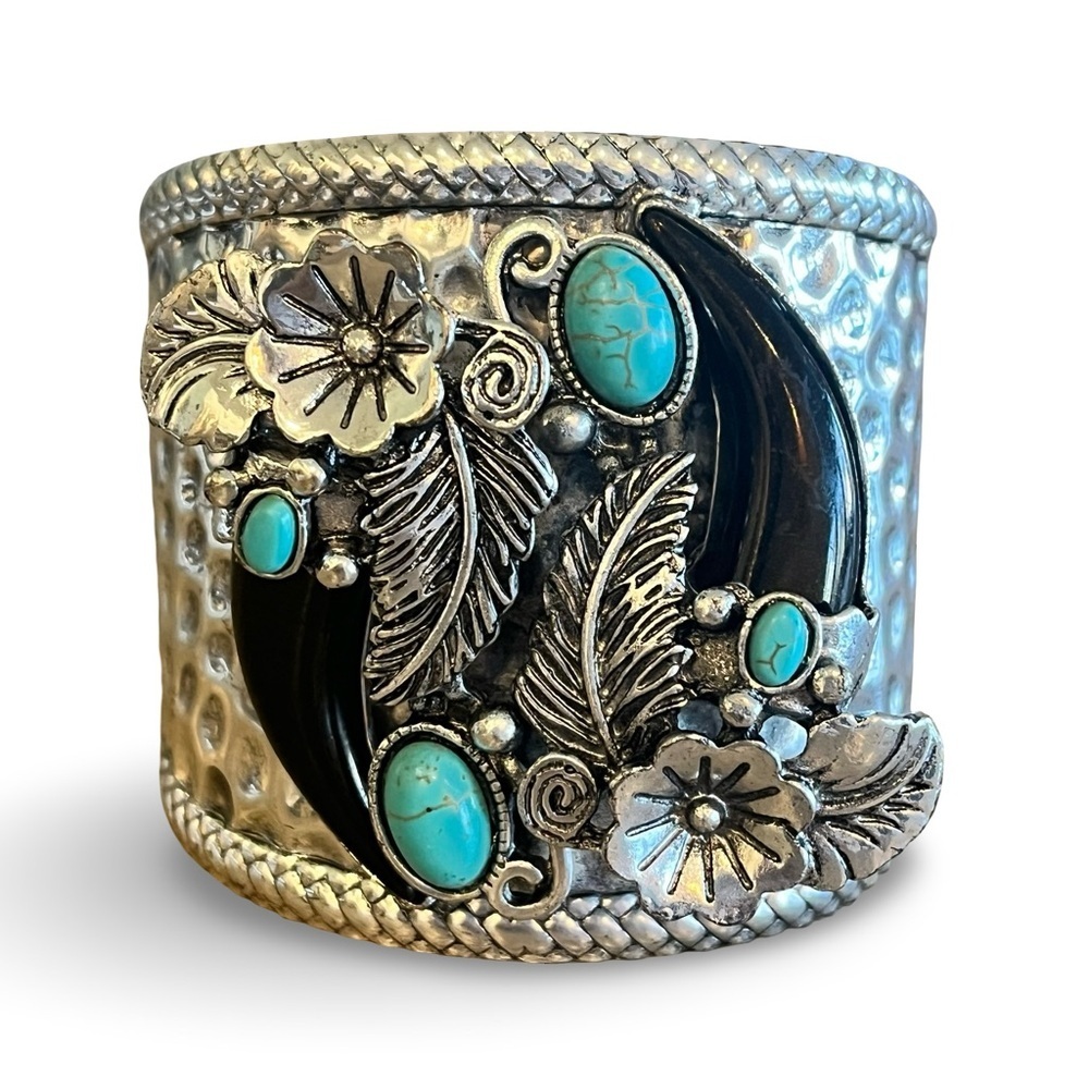Silver Tone Turquoise Floral Cuff Bracelet